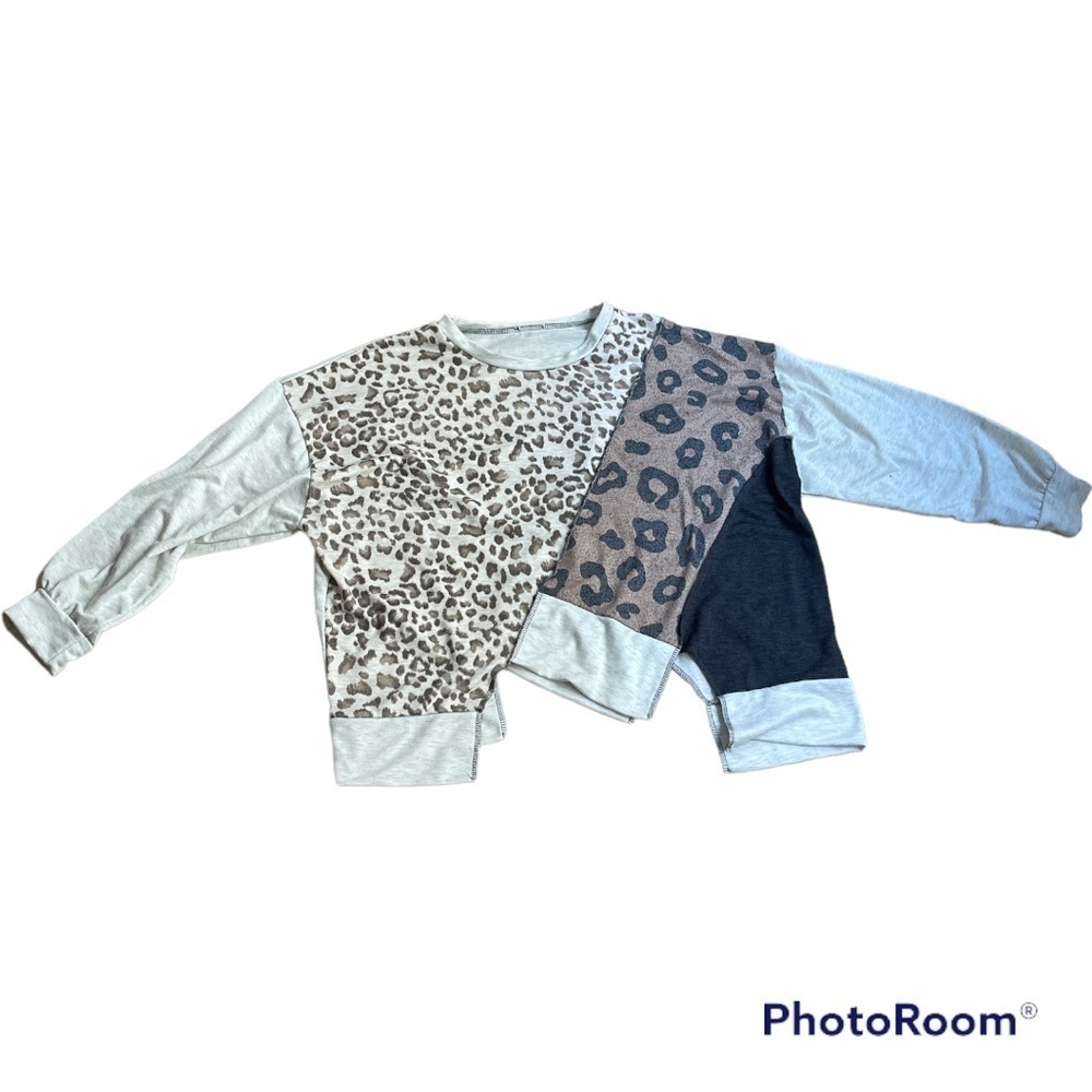 Asymmetrical Hem Leopard Print Colorblock Long Sl… - image 1